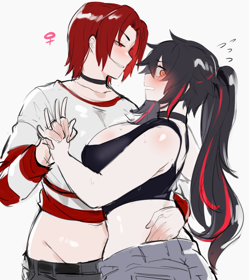 2girls absurdres arm_around_waist black_choker black_hair black_tank_top blush breasts choker commentary crop_top genderswap genderswap_(mtf) groin heart_(home_sweet_home) highres holding_hands home_sweet_home_(game) huge_breasts k_(kurenaiz1) kurenaiz1 long_hair lowleg lowleg_pants multicolored_hair multiple_girls orange_eyes original pants ponytail red_eyes red_hair shirt smile streaked_hair striped striped_shirt tank_top two-tone_hair venus_symbol yuri