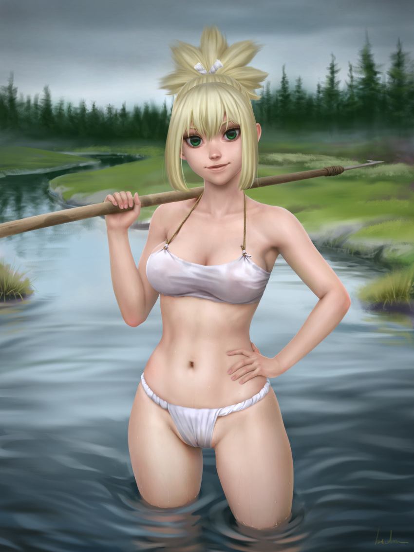 1girl bikini blonde_hair breasts cleavage commentary dr._stone forest fundoshi gohpot grass green_eyes hand_on_own_hip highres holding holding_polearm holding_weapon japanese_clothes kohaku_(dr._stone) medium_breasts nature navel polearm ponytail river smile solo spear swimsuit tree wading weapon white_bikini