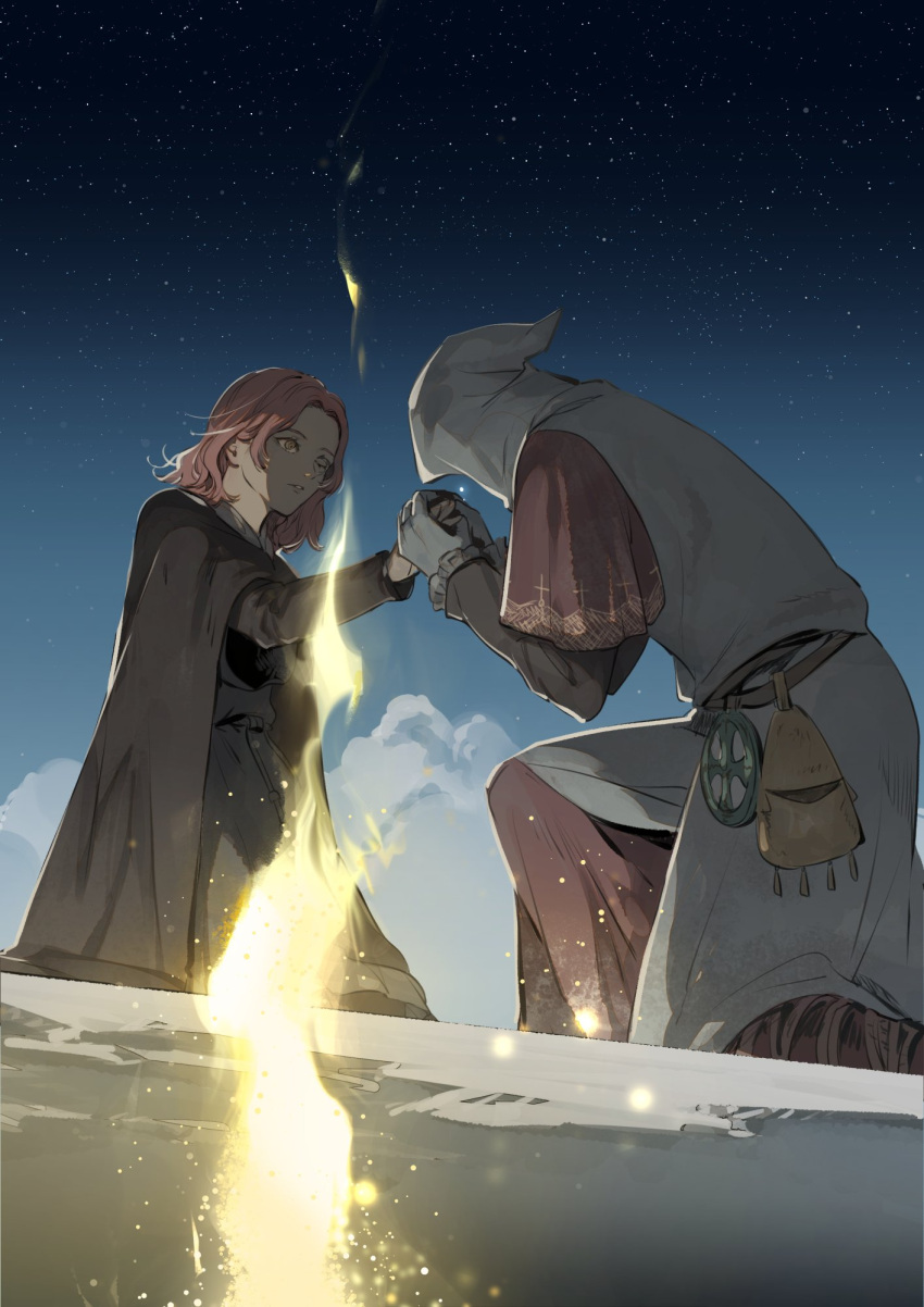 1girl 1other ambiguous_gender astrologer_(elden_ring) black_cape brown_eyes brown_hair cape cloud commentary_request dress elden_ring facial_tattoo forehead gloves grey_dress grey_gloves highres holding_hands hood hood_up hooded_robe kero_1110 long_sleeves melina_(elden_ring) night night_sky on_one_knee one_eye_closed robe short_hair site_of_grace sky star_(sky) tarnished_(elden_ring) tattoo white_robe