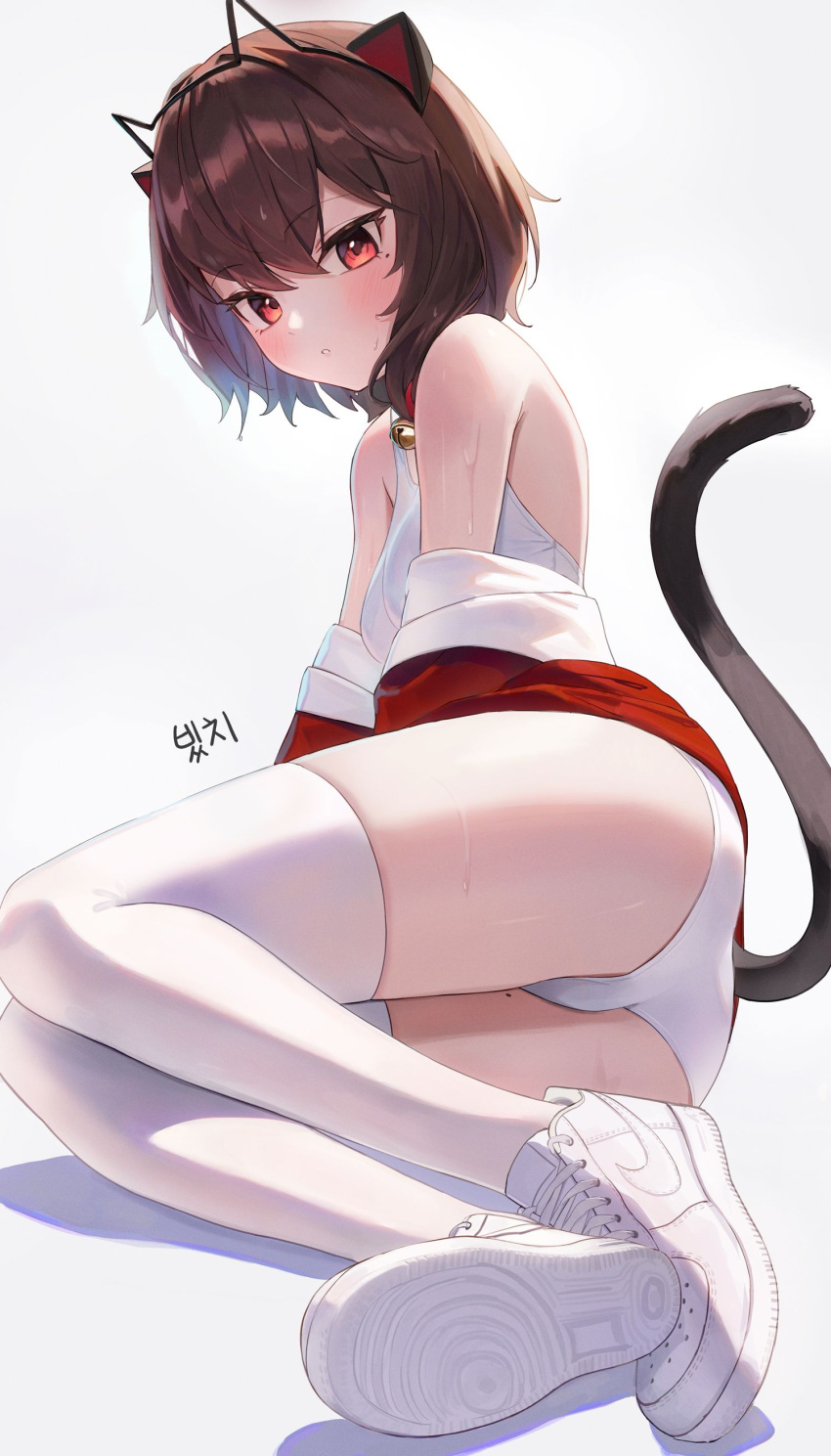 1girl absurdres animal_ears ass bare_shoulders bell brown_hair cat_ears cat_girl cat_tail commission fake_animal_ears hairband highres jacket jingle_bell looking_at_viewer minn_(kangjm1107) mole mole_on_thigh mole_under_eye off_shoulder one-piece_swimsuit original parted_lips prunechi red_eyes red_jacket second-party_source shoes short_hair simple_background sitting sneakers solo swimsuit tail tail_raised thighhighs thighs wet white_background white_footwear white_one-piece_swimsuit white_thighhighs yokozuwari