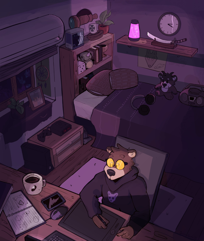 absurd_res anthro bear bed bedroom beverage bitterdrink_(artist) chilling clothing coffee drawing eyewear furniture glasses hi_res hoodie male mammal plant shelf slightly_chubby solo solo_focus studying topwear vibing