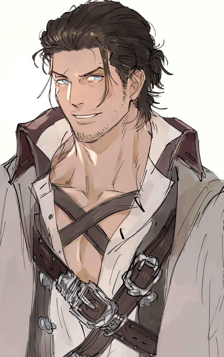 1boy adventurer_(ff14) chest_belt chest_harness final_fantasy final_fantasy_xiv final_fantasy_xiv_dawntrail gsg7pk hair_slicked_back harness highres leather_belt looking_at_viewer male_focus mature_male medium_hair mustache_stubble pectoral_cleavage pectorals scar scar_across_eye smile solo sparse_stubble thick_eyebrows upper_body warrior_of_light_(ff14)