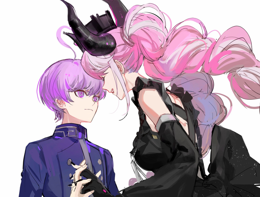 1boy 1girl absurdres ahoge binxngchng1 black_dress black_gloves black_horns black_nails blue_jacket braid closed_eyes closed_mouth crown demon_horns detached_sleeves dress fingerless_gloves gloves highres holding_hands horns jacket kokohead_yuma looking_at_another master_detective_archives:_rain_code multicolored_hair nail_polish open_mouth pink_hair purple_eyes purple_hair shinigami_(rain_code) short_hair simple_background smile twin_braids upper_body white_background