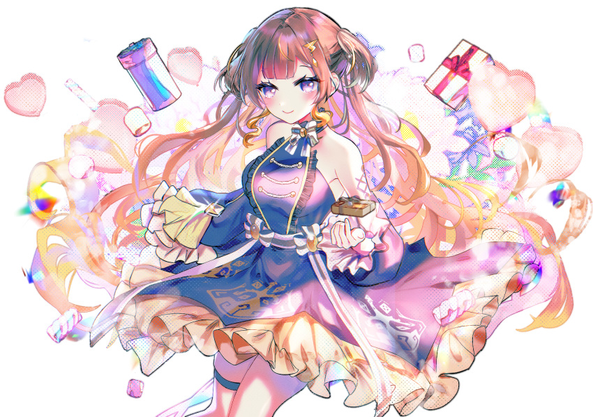 1girl anya_melfissa blush closed_mouth dress half_updo hololive hololive_indonesia long_hair looking_at_viewer multicolored_hair orange_hair purple_dress purple_eyes red_hair short_twintails sleeveless sleeveless_dress smile solo sowon transparent_background twintails virtual_youtuber