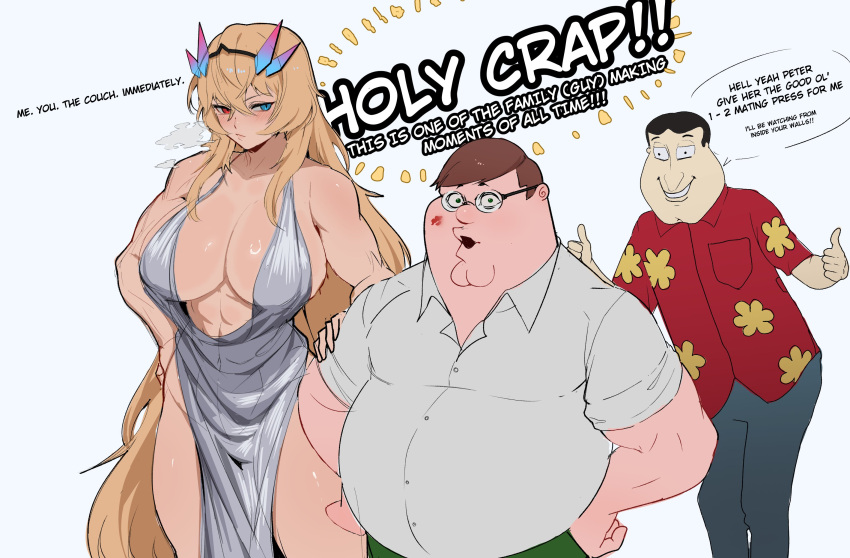 1girl 2boys barghest_(fate) black_hair blonde_hair blue_eyes blue_pants breasts brown_hair cleft_chin collared_shirt commentary dress english_commentary english_text family_guy fat fat_man fate_(series) glasses glenn_quagmire green_pants heterochromia highres kowai_(iamkowai) large_breasts lipstick_mark long_hair multiple_boys muscular muscular_female pants pelvic_curtain peter_griffin red_eyes red_shirt round_eyewear shirt short_hair tall_female thumbs_up very_long_hair very_short_hair white_dress white_shirt