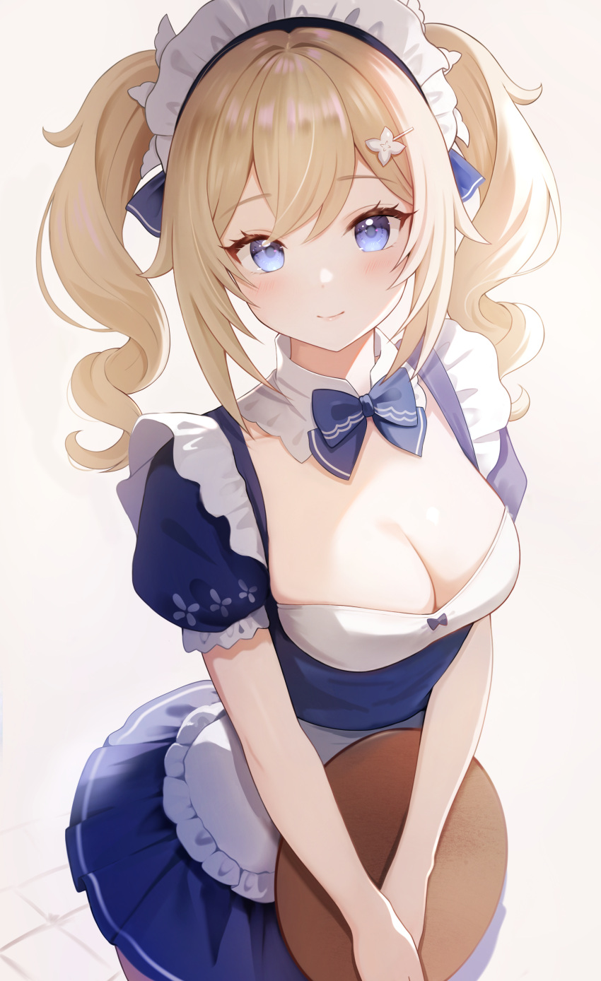 1girl absurdres alternate_costume apron barbara_(genshin_impact) blonde_hair blue_bow blue_bowtie blue_dress blue_eyes blue_ribbon blush bow bowtie breasts closed_mouth collarbone detached_collar dress floor floral_print flower frills genshin_impact hair_between_eyes hair_flower hair_ornament hairpin highres holding holding_tray large_breasts long_hair looking_at_viewer maid maid_headdress nasii puffy_short_sleeves puffy_sleeves ribbon short_sleeves sidelocks simple_background smile solo standing tray twintails white_apron white_background white_flower wing_collar