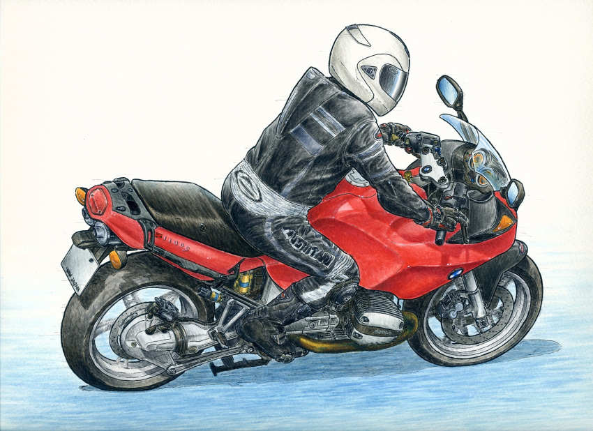 1other ambiguous_gender black_footwear black_gloves black_jacket black_pants bmw bmw_r1100s gloves helmet highres hisa_(motorbike) jacket motor_vehicle motorcycle original pants vehicle_focus white_helmet