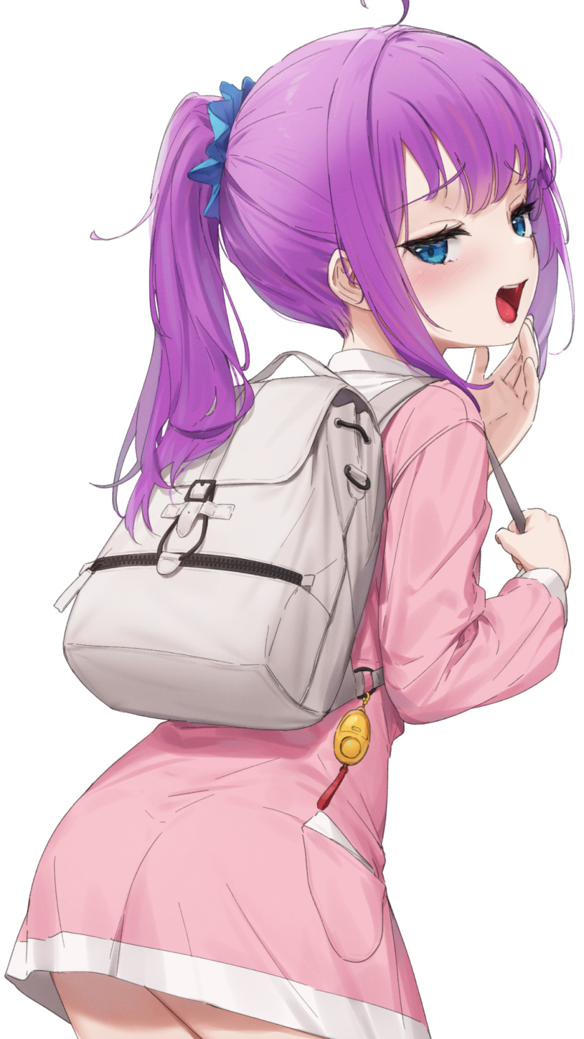 1girl ahoge ass backpack bag blue_eyes blush child cowboy_shot dress from_behind hand_to_own_mouth highres huai_diao_me leaning_forward long_hair long_sleeves looking_at_viewer looking_back open_mouth original pink_dress ponytail purple_hair sidelocks simple_background smile smug wet.elephant white_background