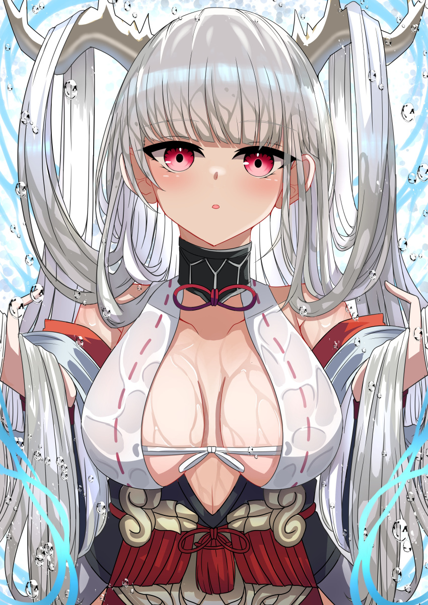 1girl absurdres azur_lane bare_shoulders blunt_bangs blush breasts center_opening collarbone detached_sleeves dragon_girl dragon_horns hair_on_horn hands_up highres horns japanese_clothes kimono large_breasts long_hair looking_at_viewer parted_lips red_eyes shimanto_(azur_lane) siota1998 solo upper_body water_drop wet wet_clothes white_hair wide_sleeves