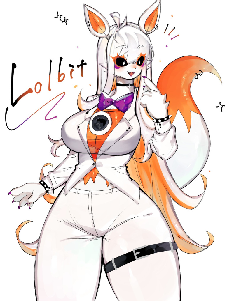 anthro breasts canid canine claws clothed clothing female finger_claws five_nights_at_freddy's five_nights_at_freddy's_world fluffy fluffy_tail fox fur hair hi_res lolbit_(fnaf) mammal scottgames simple_background solo tail togetoge white_body white_fur white_hair