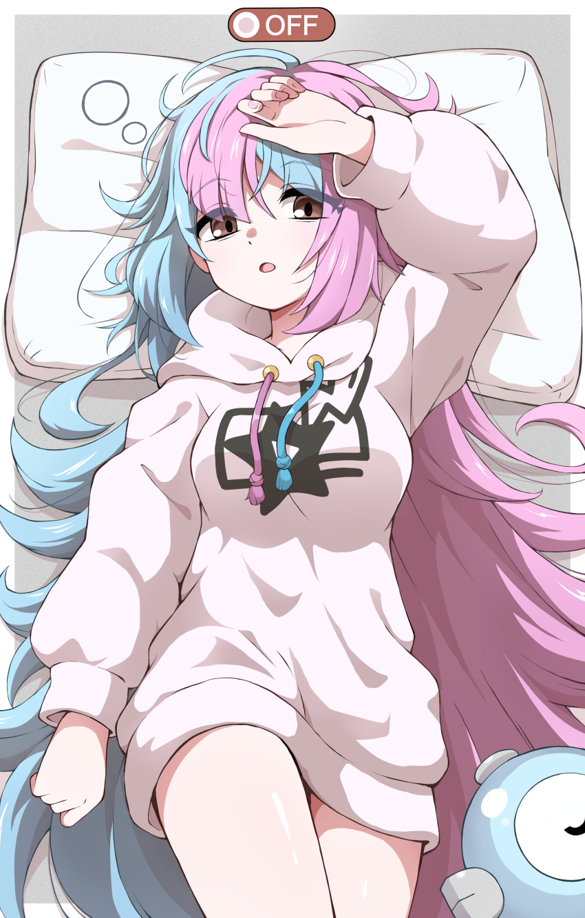 1girl :o absurdres alternate_costume alternate_eye_color arm_at_side arm_up bangs blue_hair breasts brown_eyes commentary_request eyes_visible_through_hair from_above green_hair hand_on_own_forehead head_on_pillow highres hood hood_down hoodie iono_(pokemon) light_blush long_hair long_sleeves looking_at_viewer lying medium_breasts messy_hair multicolored_hair on_back open_mouth pillow pink_hair pokemon pokemon_(game) pokemon_sv shabana_may shiny_skin solo star_(symbol) star_print two-tone_hair very_long_hair white_hoodie