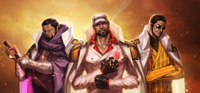 3boys baseball_cap beard black_gloves black_hair black_handwear blind borsalino_(kizaru) brown_hair cigar clenched_hand coat coat_on_shoulders crossed_arms english_text epaulettes facial_hair floral_print formal gloves goatee hat highres holding holding_sword holding_weapon issho_(fujitora) japanese_clothes katana looking_at_viewer multiple_boys one_piece open_mouth realistic sakazuki_(akainu) scar scar_on_face short_hair smile sparky5093 suit sunglasses sword teeth traditional_clothes uniform weapon