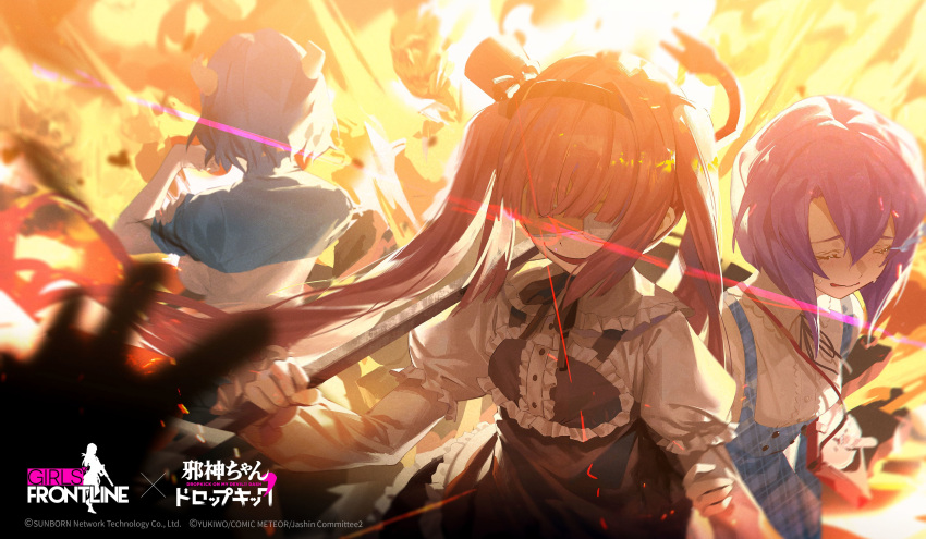 3girls absurdres artist_request black_hairband black_ribbon blue_dress blue_hair breasts closed_eyes commentary company_name copyright_name cow_horns crowbar crying debris dress elid_(girls'_frontline) english_commentary evil_smile explosion eye_trail eyepatch facing_viewer frills girls'_frontline gothic_lolita hair_between_eyes hairband hanazono_yurine hat highres holding holding_another's_arm holding_crowbar horns jashin-chan_dropkick large_breasts light_trail lolita_fashion long_hair long_sleeves medical_eyepatch medusa_(jashin-chan_dropkick) mini_hat mini_top_hat minos_(jashin-chan_dropkick) monster_girl multiple_girls multiple_others neck_ribbon official_art open_mouth puffy_long_sleeves puffy_sleeves purple_hair red_hair ribbon shaded_face shirt short_hair sleeves_rolled_up smile top_hat twintails very_long_hair wavy_mouth white_shirt