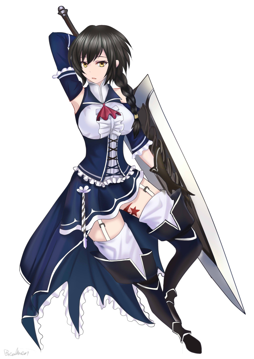 1girl absurdres aradia_(night_of_revenge) black_footwear black_hair blue_corset blue_dress boots corset dress greatsword highres holding holding_sword holding_weapon night_of_revenge non-web_source sword thigh_boots thighhighs weapon white_thighhighs yellow_eyes