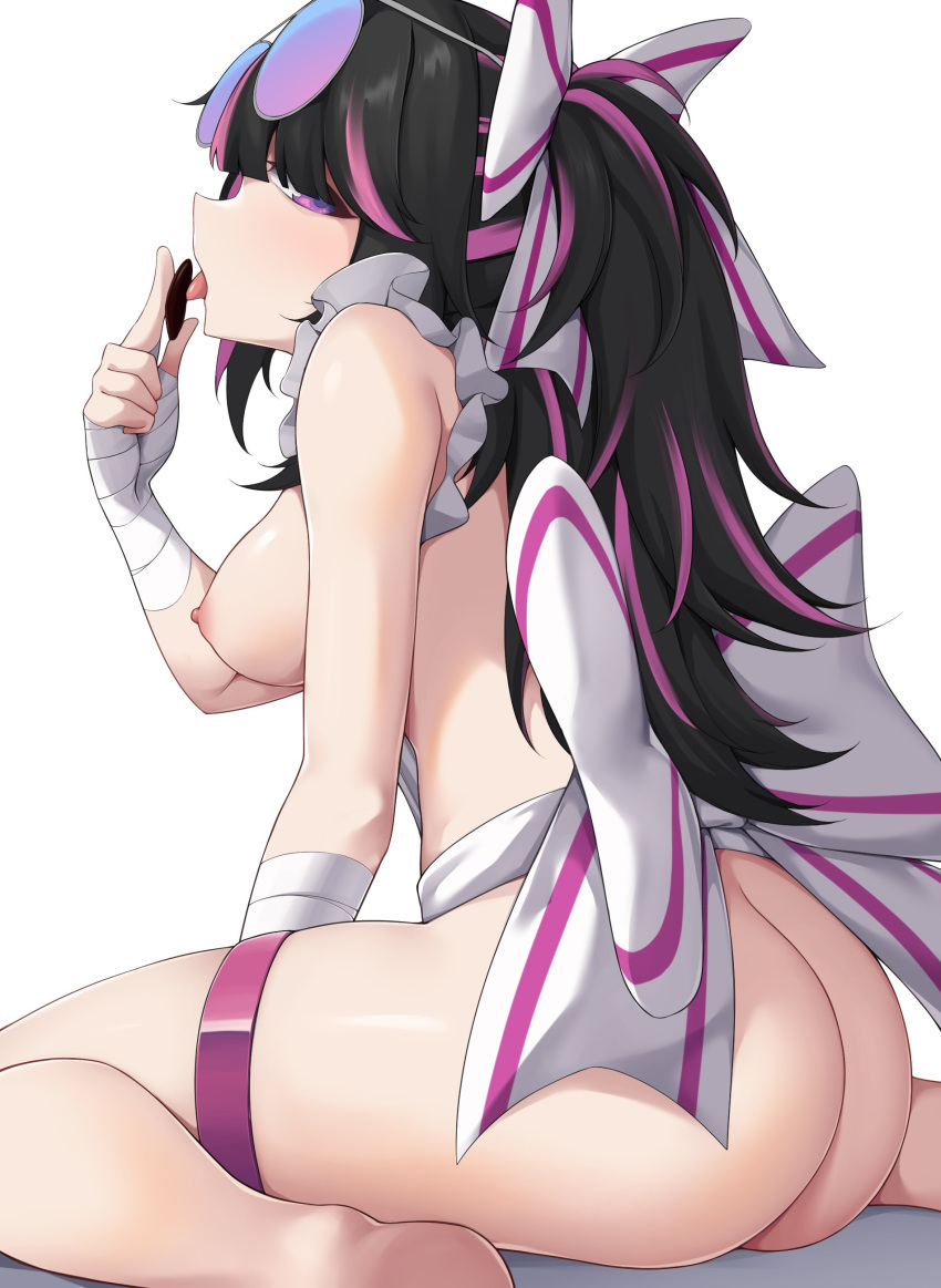 1girl absurdres act_(xadachit) arm_between_legs ass back_bow bandaged_wrist bandages black_hair bow breasts commentary_request commission girls'_frontline girls'_frontline_neural_cloud highres large_breasts licking long_hair looking_at_viewer multicolored_hair nipples official_alternate_costume purple_eyes purple_hair simple_background sitting solo thigh_strap thighs tongue tongue_out topless vee_(addictive_affections)_(neural_cloud) vee_(neural_cloud) wariza white_background