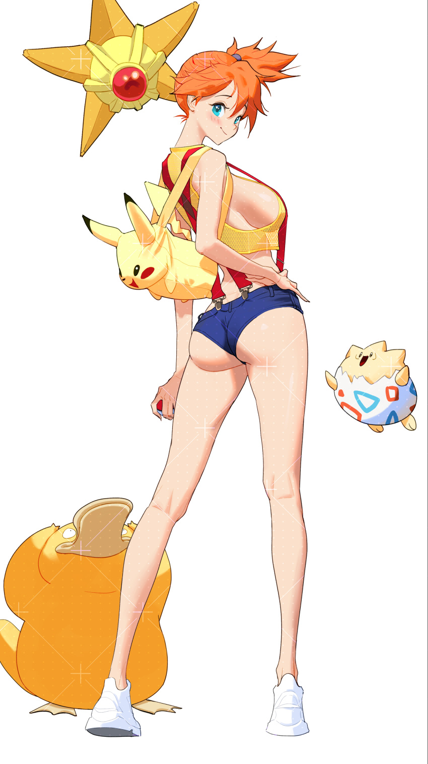 1girl absurdres ass back backpack bag breasts denim denim_shorts highres large_breasts misty_(pokemon) orange_hair pants poke_ball pokemon psyduck shirt shoes shorts side_ponytail sneakers starmie suspenders tight_clothes tight_pants togepi wonbin_lee yellow_shirt