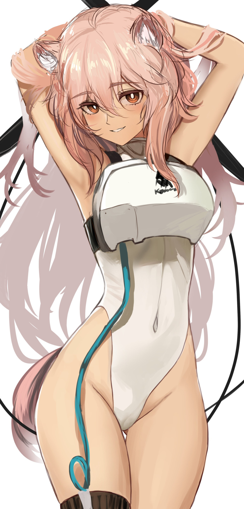 1girl absurdres animal_ear_fluff animal_ears arknights arms_behind_head chest_armor covered_navel gravel_(arknights) highleg highleg_leotard highres leotard long_hair nopetroto parted_lips pink_hair prairie_dog_ears prairie_dog_girl prairie_dog_tail smile solo white_leotard