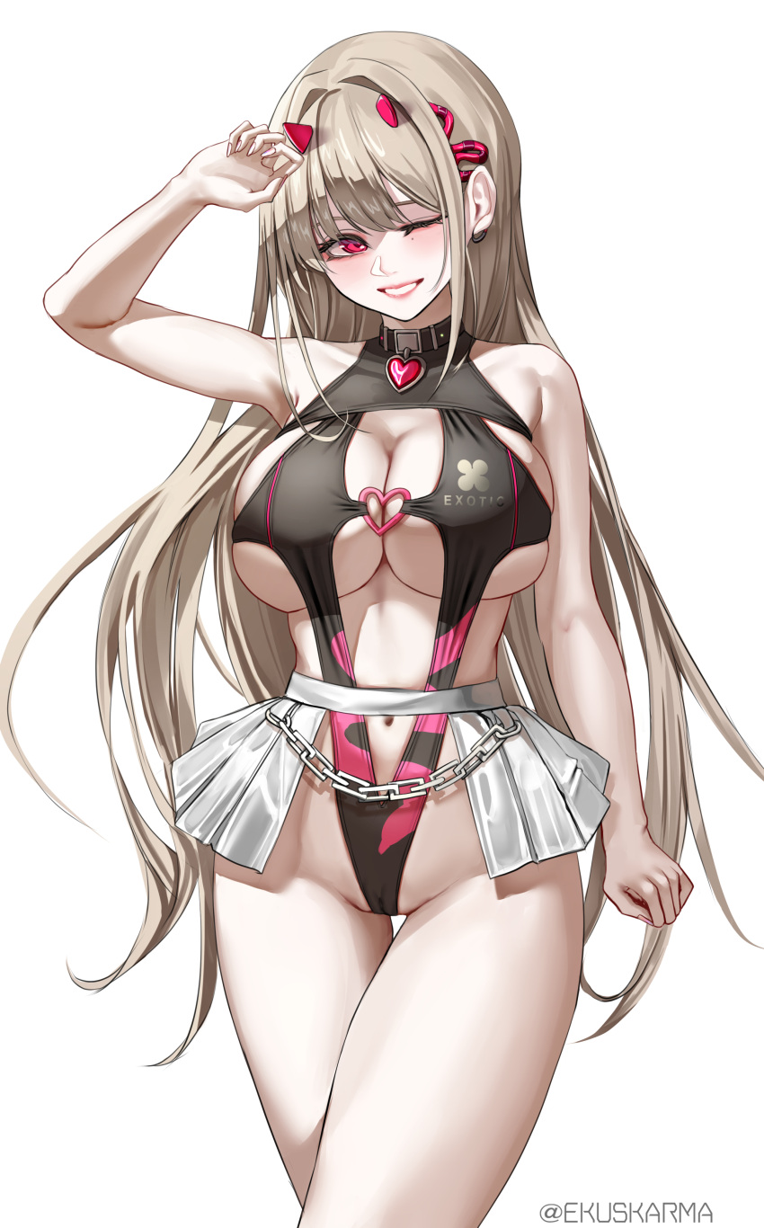 1girl absurdres bare_shoulders black_collar blush breasts cameltoe chain clothes_writing collar ekuskarma goddess_of_victory:_nikke hair_intakes highres horns jacket large_breasts light_brown_hair long_hair navel one-piece_swimsuit one_eye_closed pink_horns red_eyes sidelocks simple_background solo swimsuit thighs twitter_username two-sided_fabric very_long_hair viper_(nikke) white_background white_jacket