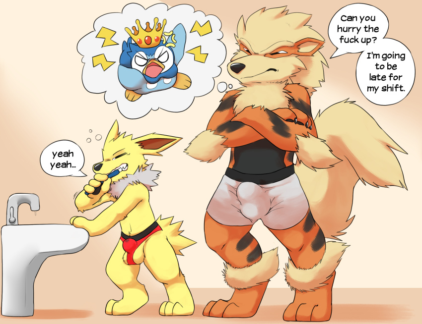 2023 angry ankle_tuft anthro arcanine arm_tuft ball_slip black_body black_countershading black_stripes blue_body bodily_fluids boxer_briefs boxer_briefs_only brush brushing brushing_teeth bulge chest_tuft clothed clothing countershading crossed_arms crown detailed_bulge dialogue eeveelution elbow_tuft empty_eyes english_text eyes_closed fur generation_1_pokemon generation_4_pokemon genital_fluids group headgear hi_res ineffective_clothing jetta_the_jolteon jolteon leg_tuft male miau neck_tuft nintendo orange_body orange_fur piplup pokemon pokemon_(species) precum precum_through_clothing precum_through_underwear prince_waddle profanity sink size_difference standing stripes tan_body tan_fur text thought_bubble toothbrush topless trio tuft underwear underwear_only wet wet_clothing white_face yellow_body yellow_fur