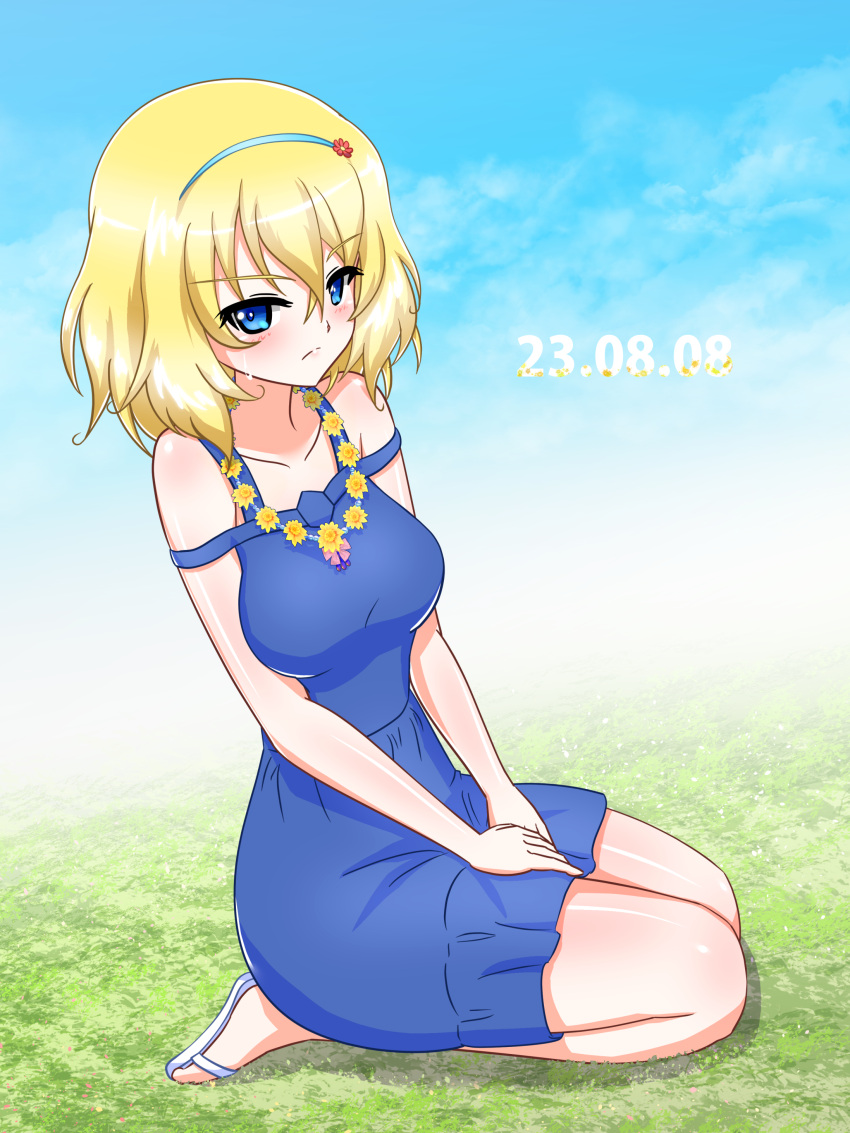 1girl absurdres blonde_hair blue_dress blue_eyes blue_hairband blue_sky blush casual closed_mouth cloud cloudy_sky commentary dated day dress earlobe1514366 flower flower_necklace from_side frown girls_und_panzer grass hairband hands_on_lap highres kneeling looking_at_viewer medium_dress medium_hair messy_hair multi-strapped_dress oshida_(girls_und_panzer) outdoors sandals sky solo sweatdrop white_footwear