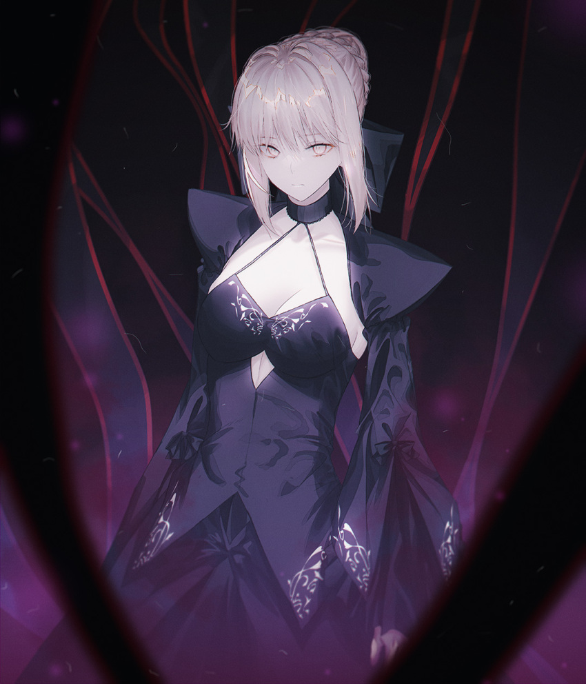 1girl artoria_pendragon_(fate) black_dress black_ribbon blonde_hair braid breasts cleavage closed_mouth clothing_cutout commentary cowboy_shot dress expressionless fate/stay_night fate_(series) fov_ps french_braid hair_bun hair_ribbon highres looking_at_viewer ribbon saber_alter sidelocks small_breasts solo stomach_cutout yellow_eyes