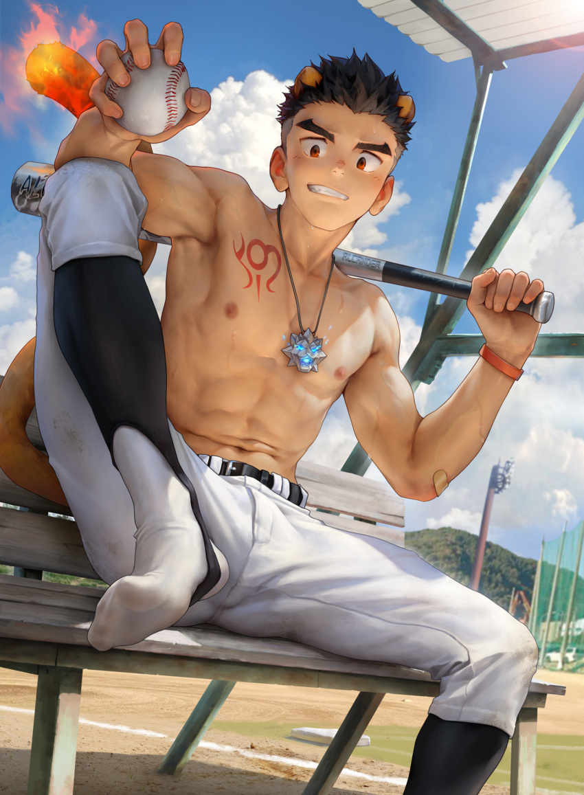 1boy abs aged_down alca_(wakatanka4) animal_ears ball bandaid bandaid_on_arm baseball_bat beitemian belt black_belt black_hair chest_tattoo cloud day gyee highres holding holding_ball jewelry lion_boy lion_ears lion_tail looking_at_viewer male_focus navel necklace nipples outdoors pants short_hair sky smile solo tail tattoo teeth toned toned_male topless_male white_pants