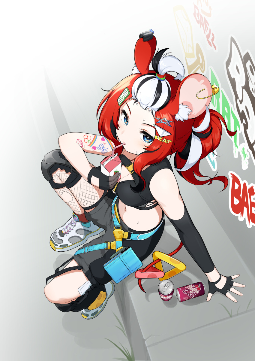 1girl absurdres animal_ears arm_tattoo asymmetrical_legwear blue_eyes breasts can cleavage crop_top drinking drinking_straw fingerless_gloves fishnet_thighhighs fishnets from_above gloves graffiti hair_ornament hairclip hakos_baelz highres hololive hololive_english juice_box midriff mouse_ears mouse_tail multicolored_hair navel red_hair shoes sneakers snowmya streaked_hair sweat tail tattoo thighhighs virtual_youtuber