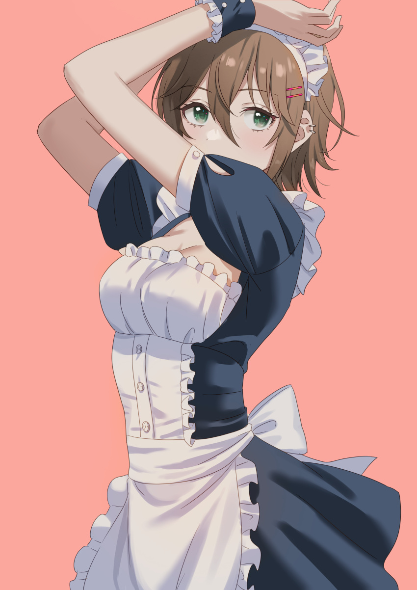 1girl absurdres alternate_costume apron arms_up back_bow black_dress blush bow breasts brown_hair cleavage cleavage_cutout clothing_cutout covered_mouth dress ear_piercing emu_(emum) enmaided frilled_apron frills green_eyes hair_between_eyes hair_ornament hairpin highres idolmaster idolmaster_cinderella_girls kimura_natsuki looking_at_viewer maid medium_breasts medium_hair piercing short_sleeves simple_background solo white_apron wrist_cuffs