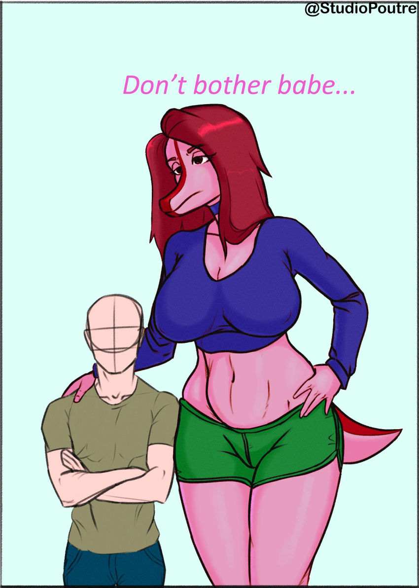 5_fingers absurd_res anon_(snoot_game) anthro big_breasts bottomwear breasts cleavage clothed clothing colored crop_top crossed_arms curvy_figure dialogue dinosaur duo english_text eyelashes faceless_character faceless_human faceless_male female female_anthro female_on_human fingers goodbye_volcano_high gym_bottomwear gym_clothing gym_shorts hand_on_hip hand_on_shoulder hi_res hotpants human human_on_anthro interspecies larger_anthro larger_female male male/female male_on_anthro mammal multicolored_body multicolored_scales narrowed_eyes navel nipple_outline pink_body pink_scales plankanon red_body red_scales reptile scales scalie shirt short_tail shorts simple_background size_difference smaller_human smaller_male snoot_game snout stacy_(gvh) tail text topwear two_tone_body two_tone_scales wide_hips