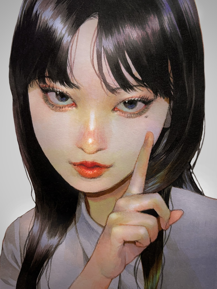 1girl app_filter black_eyes black_hair blush chom1015 closed_mouth collared_shirt commentary eyelashes eyeliner fingernails glass hand_up highres junji_ito_collection kawakami_tomie lipstick long_hair looking_at_viewer makeup mole mole_under_eye nose_blush painting_(medium) sanpaku shirt simple_background solo swept_bangs traditional_media upper_body white_background white_shirt