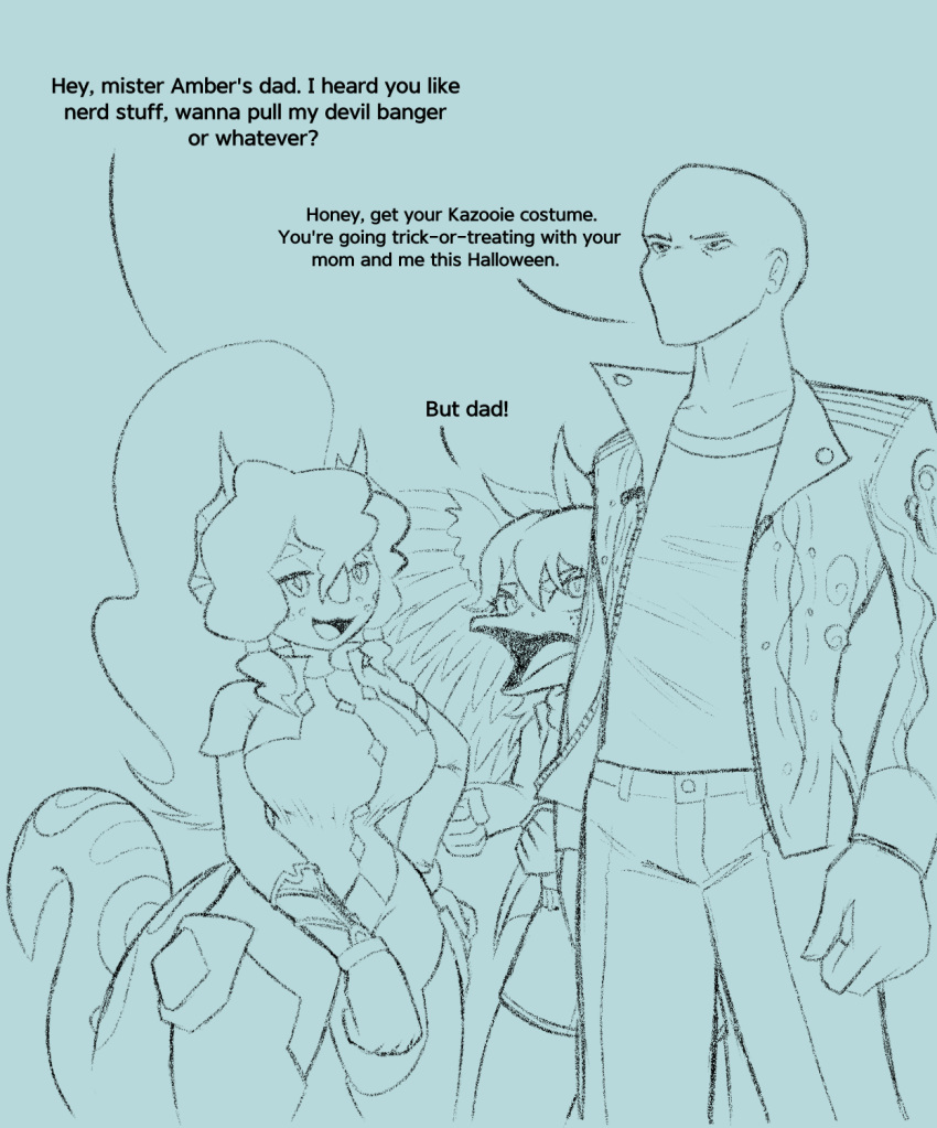 2023 3_horns amber_(snoot_game) anon_(snoot_game) anonymous_artist anthro bald big_breasts bottomless bottomless_anthro bottomless_female bottomwear bow_(feature) bracelet breasts ceratopsian clothed clothing coat costume daughter_(lore) denim denim_clothing dialogue dinosaur english_text eyelashes father_(lore) father_and_child_(lore) father_and_daughter_(lore) female fingers freckles frill_(anatomy) group hair hi_res horn human jacket jeans jewelry legwear long_hair long_tail male mammal monochrome multi_horn open_mouth ornithischian pants parent_(lore) parent_and_child_(lore) parent_and_daughter_(lore) ponytail pterodactylus pterosaur reptile scalie sera_(snoot_game) short_hair shorts smile snoot_game snout tail text thigh_highs topwear triceratops trio