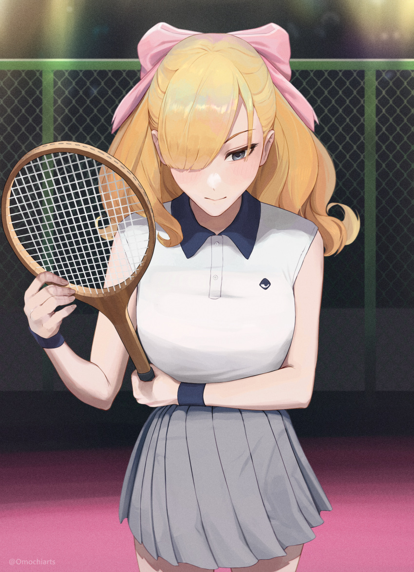 1girl absurdres armlet black_eyes blonde_hair bow closed_mouth commentary fiona_frost grey_skirt hair_bow hair_over_one_eye highres holding holding_racket omochiarts pink_bow pleated_skirt racket shirt skirt sleeveless sleeveless_shirt solo sportswear spy_x_family tennis_racket tennis_uniform white_shirt wig