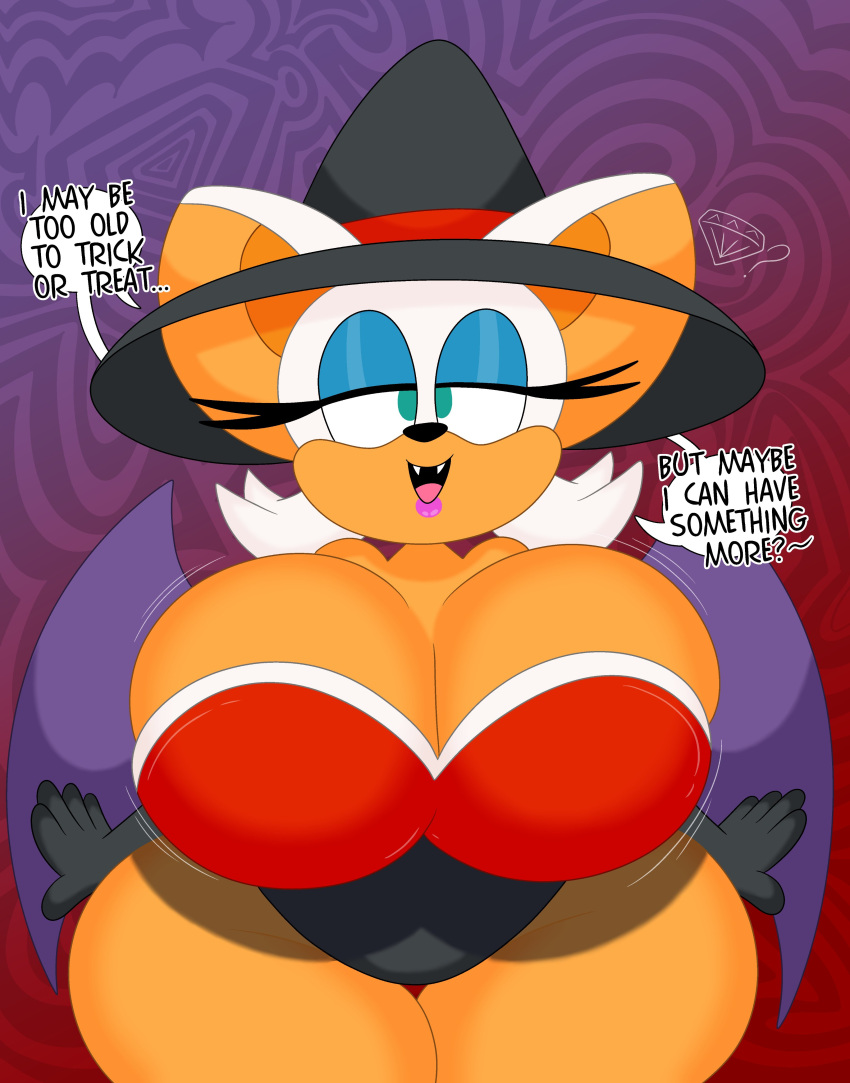 2023 3barts abstract_background absurd_res anthro back_wings bat big_breasts bouncing_breasts breast_jiggle breasts cleavage clothed clothing costume curvy_figure dialogue digital_drawing_(artwork) digital_media_(artwork) english_text eyelashes eyeshadow fangs female fingers fur gem gloves hair halloween handwear hat headgear headwear hi_res holidays hourglass_figure huge_breasts jiggling leotard lipstick makeup mammal membrane_(anatomy) membranous_wings motion_lines multicolored_body multicolored_fur open_mouth pink_lipstick question_mark rouge_the_bat sega simple_background smile solo sonic_the_hedgehog_(series) strapless_leotard talking_to_viewer tan_body tan_fur teal_eyes teeth text thick_thighs tongue two_tone_body two_tone_fur unitard voluptuous white_body white_fur white_hair wide_hips wings witch_hat