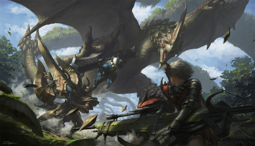 armor bowgun charge_blade claws cloud cloudy_sky from_behind gauntlets greatsword highres holding holding_weapon monster_hunter_(character) monster_hunter_(series) pengzhen_zhang rathalos_(armor) seregios seregios_(armor) sky spikes sword tagme tail tree weapon zinogre_(armor)