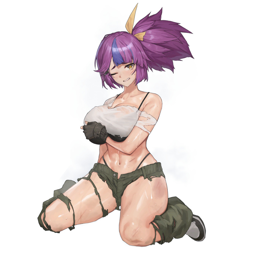 1girl abs black_bra black_footwear black_gloves black_panties blue_hair bra bra_visible_through_clothes breasts bulgasari_(last_origin) cleavage clenched_teeth collarbone covering covering_breasts cropped_shirt defeat fingerless_gloves game_cg gloves green_pants hair_ornament hair_ribbon hairclip highleg highleg_panties highres injury large_breasts last_origin linea_alba looking_at_viewer multicolored_hair muscular muscular_female navel official_alternate_costume official_art one_eye_closed open_mouth panties pants panty_peek purple_hair ribbon see-through see-through_shirt shirt shoes simple_background sitting sneakers solo streaked_hair string_bra string_panties sweat tachi-e teeth topknot torn_clothes torn_hair_ribbon torn_pants torn_ribbon torn_shirt transparent_background tunamayo_(dsasd751) two-tone_hair underwear wariza white_footwear white_shirt yellow_eyes yellow_ribbon
