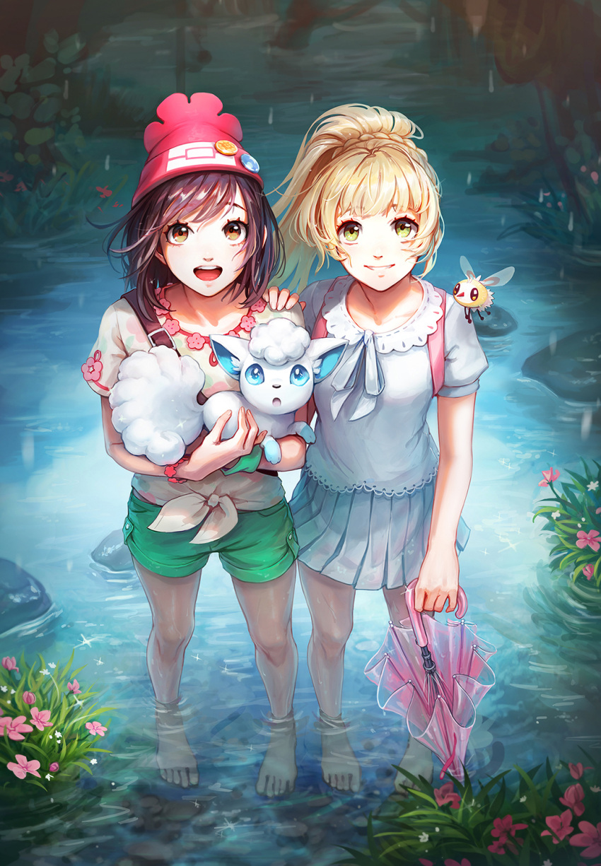 2girls alolan_vulpix barefoot black_hair blonde_hair blouse brown_eyes closed_umbrella cutiefly flower full_body green_eyes green_shorts grin hat highres holding holding_pokemon holding_umbrella kazuko_(towa) lillie_(pokemon) looking_at_viewer medium_hair miniskirt multiple_girls neck_ribbon open_mouth outdoors photoshop_(medium) pink_umbrella pleated_skirt pokemon pokemon_(creature) pokemon_(game) pokemon_sm pond ponytail red_headwear ribbon selene_(pokemon) shirt short_hair short_shorts short_sleeves shorts skirt smile standing teeth tied_shirt umbrella upper_teeth_only wading water wetland white_ribbon white_shirt white_skirt yellow_shirt