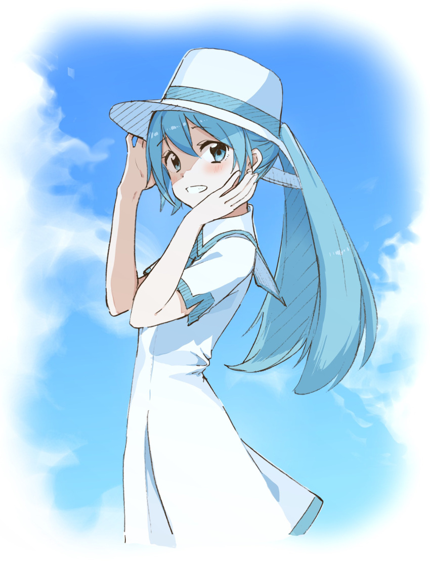 1girl absurdres agonasubi aqua_eyes aqua_hair blue_sky boater_hat border cloud collared_dress commentary dress fading_border from_side grin hands_up hatsune_miku highres light_blush long_hair looking_at_viewer looking_to_the_side outdoors project_diva_(series) sailor_collar short_sleeves sky smile solo summer_memories_(module) time_machine_(vocaloid) twintails upper_body vocaloid white_dress white_headwear