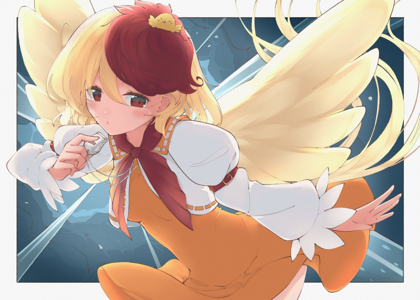 1girl absurdres animal animal_on_head bird bird_on_head bird_tail bird_wings blonde_hair blush chick cowboy_shot dress feathered_wings gbcolor_(naza) hair_between_eyes highres holding holding_whistle long_sleeves multicolored_hair niwatari_kutaka on_head orange_dress red_eyes red_hair shirt short_hair sleeve_garter solo tail touhou two-tone_hair whistle whistle_around_neck white_shirt wings yellow_wings