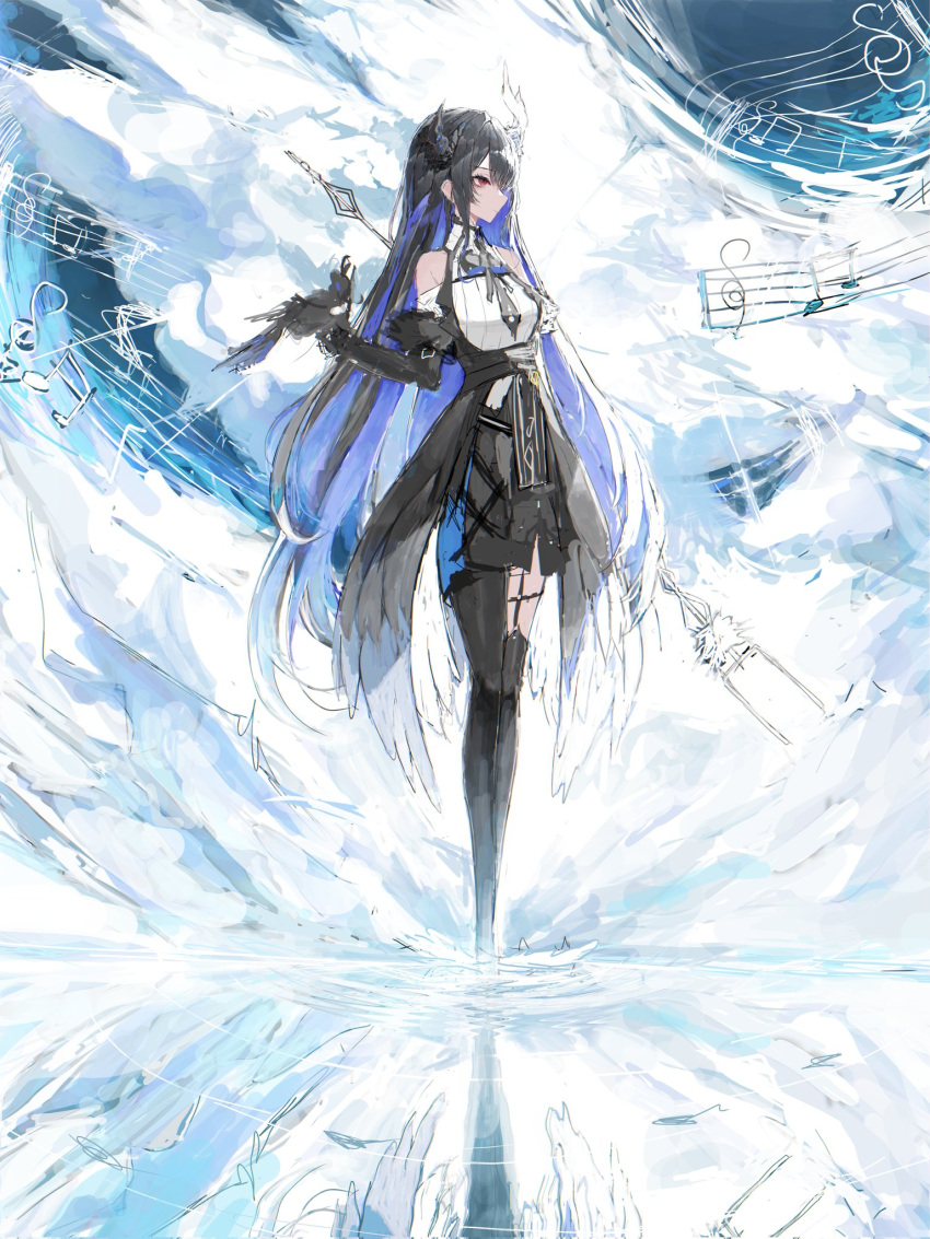 1girl bare_shoulders bident bird bird_on_hand black_hair black_sleeves black_thighhighs black_wings blue_hair breasts closed_mouth colored_inner_hair crow feathered_wings full_body fur_trim garter_straps hand_up highres holding holding_polearm holding_weapon hololive hololive_english hurybone long_hair long_sleeves low_wings medium_breasts multicolored_hair musical_note nerissa_ravencroft polearm red_eyes shadow_(nerissa_ravencroft) solo standing thighhighs two-tone_hair uneven_horns very_long_hair virtual_youtuber weapon wings