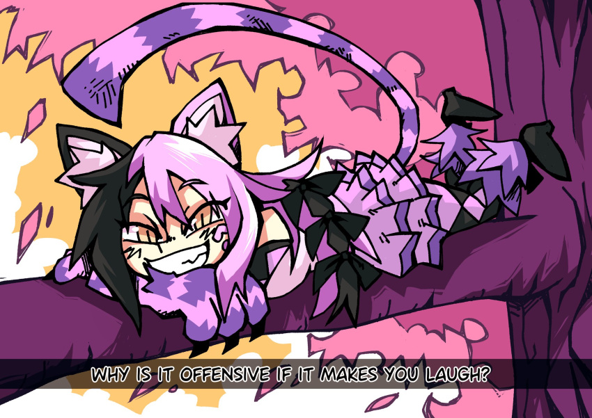 1girl animal_ears animal_hands black_hair cat_ears cat_girl cat_paws cat_tail checkered_clothes checkered_legwear cheshire_cat_(monster_girl_encyclopedia) claws commentary commission english_commentary english_text highres monster_girl monster_girl_encyclopedia multicolored_hair purple_fur purple_hair setz slit_pupils smile striped_tail tail two-tone_hair yellow_eyes