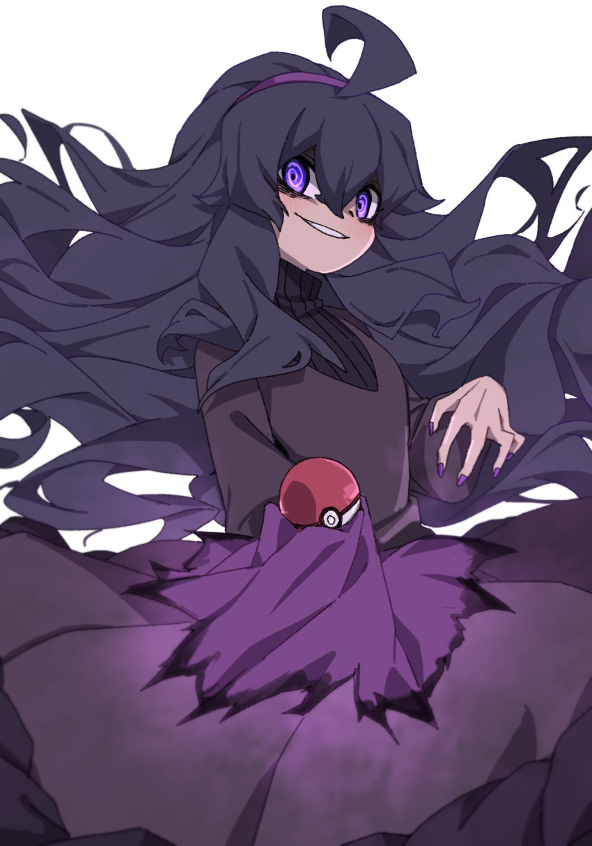 1girl @_@ ahoge bags_under_eyes black_hair cloth curly_hair dress floating_hair glowing grin hair_between_eyes hairband hex_maniac_(pokemon) highres holding holding_poke_ball long_hair long_sleeves looking_down nail_polish parted_lips poke_ball poke_ball_(basic) pokemon pokemon_(game) pokemon_xy purple_eyes purple_hairband purple_nails simple_background smile solo takoongyi white_background