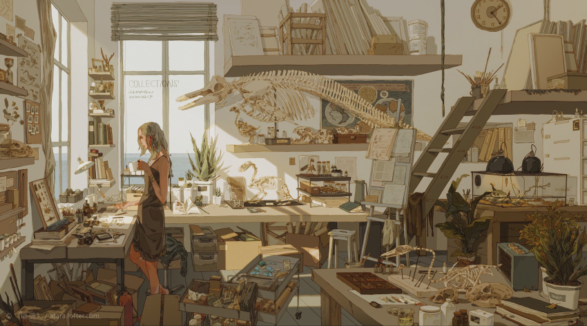 1girl ambiguous_yellow_liquid animal animal_focus animal_skeleton animal_skull arthropod_girl avian_skeleton beaker bedding_(animal_care) beetle biology bird bird_skull bone book book_stack bookmark bottle box branch brown_feathers brown_glassware bug cactus canvas_(object) cardboard_box cat_skull chemicals clock commentary dead_animal desk display_case dress dropper english_commentary english_text envelope fake_text feathers filing_cabinet fish framed_insect frilled_neck_lizard from_side glass glass_bottle glass_stirring_rod glasses green_feathers hand_blush heat_lamp highres holding_glass_bottle in_container in_jar indoors jar label laboratory_glassware lamp leaf lizard loaded_interior magnifying_glass making-of_available mantis_girl map measuring_glass medium_hair mounted_skeleton mounted_skull note on_rock open_mouth original paint paint_tube paintbrush palette_(object) paper parrot petri_dish photo_(object) pitcher plant polaroid poster_(object) potted_plant power_strip praying_mantis reptile reptile_skeleton rhinoceros_beetle rock rolling_tray scientific_poster seahorse shelf skeleton solo_focus spray_bottle standing sunlight swivel_chair table tape taxidermy tea terrarium thermometer tube tweezers wall web_address wet_specimen window windowsill xi_zhang zoological_specimen zoology