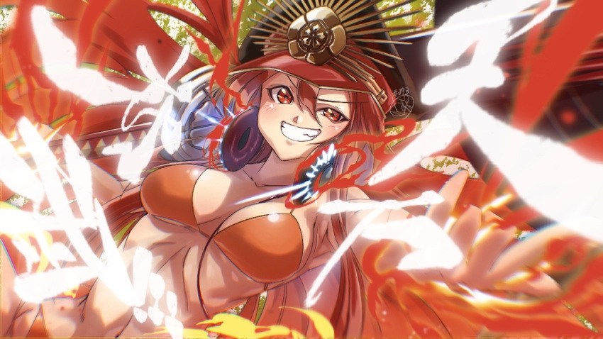 1girl artist_name bikini black_headwear breasts commentary_request day dress dutch_angle emblem energy fate/grand_order fate_(series) grin halterneck hat headphones headphones_around_neck holding holding_sword holding_weapon long_hair looking_at_viewer medium_dress navel oda_nobunaga_(fate) oda_nobunaga_(swimsuit_berserker)_(fate) outdoors over_shoulder partial_commentary peaked_cap pomita red_bikini red_eyes red_hair sharp_teeth signature smile solo standing swimsuit sword teeth translation_request very_long_hair weapon weapon_over_shoulder