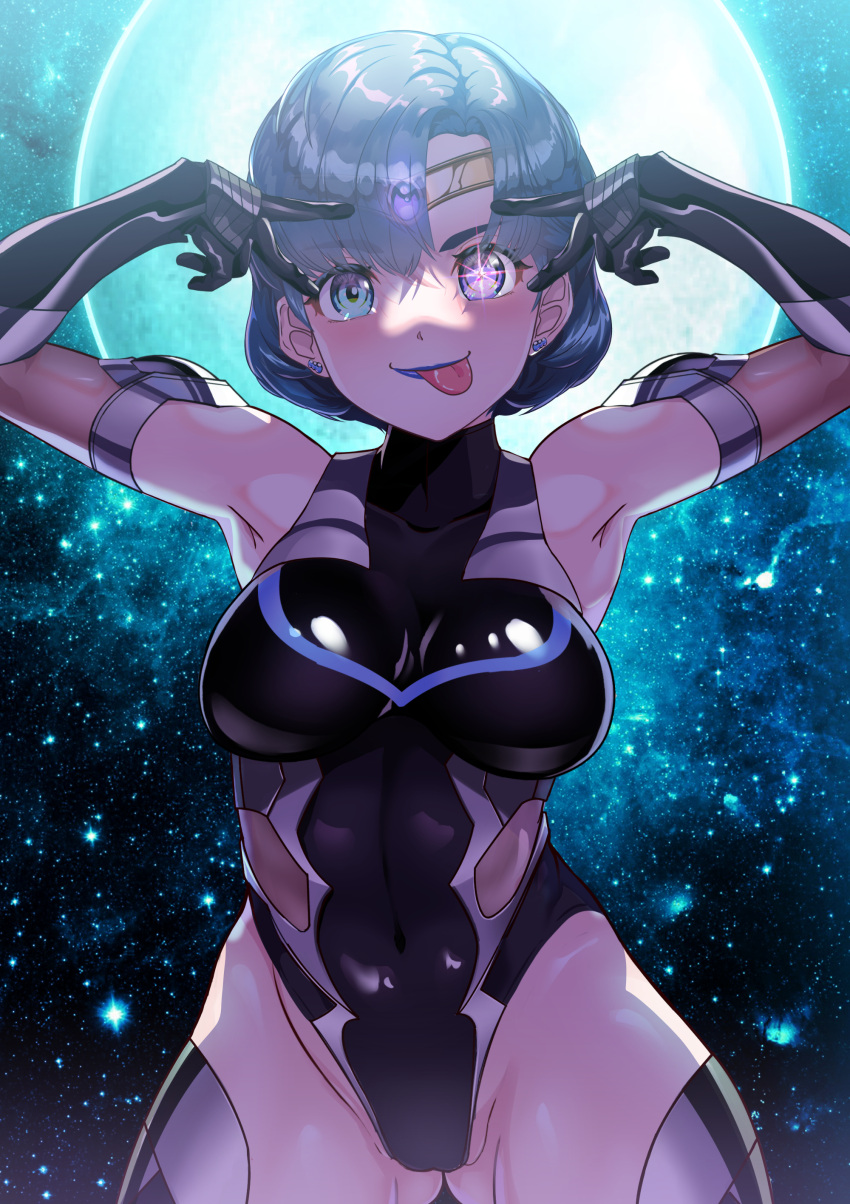 1girl absurdres arion_canvas ass_visible_through_thighs bishoujo_senshi_sailor_moon blue_eyes blue_gemstone blue_hair breasts cameltoe circlet closed_mouth corruption dark_mercury dark_persona earrings elbow_gloves gem gloves heterochromia highres jewelry leotard medium_breasts mizuno_ami moon purple_eyes purple_lips sailor_mercury short_hair stud_earrings swept_bangs taimanin_(series) taimanin_suit thick_thighs thighhighs thighs tongue tongue_out