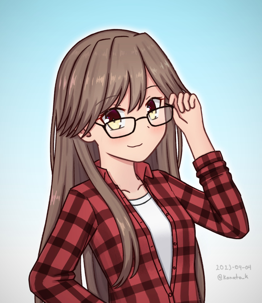 1girl adjusting_eyewear alternate_costume arashio_(kancolle) bespectacled blue_background brown_eyes brown_hair gingham_shirt glasses gradient_background highres kantai_collection konato_k long_hair long_sleeves red_shirt shirt solo undershirt upper_body white_shirt