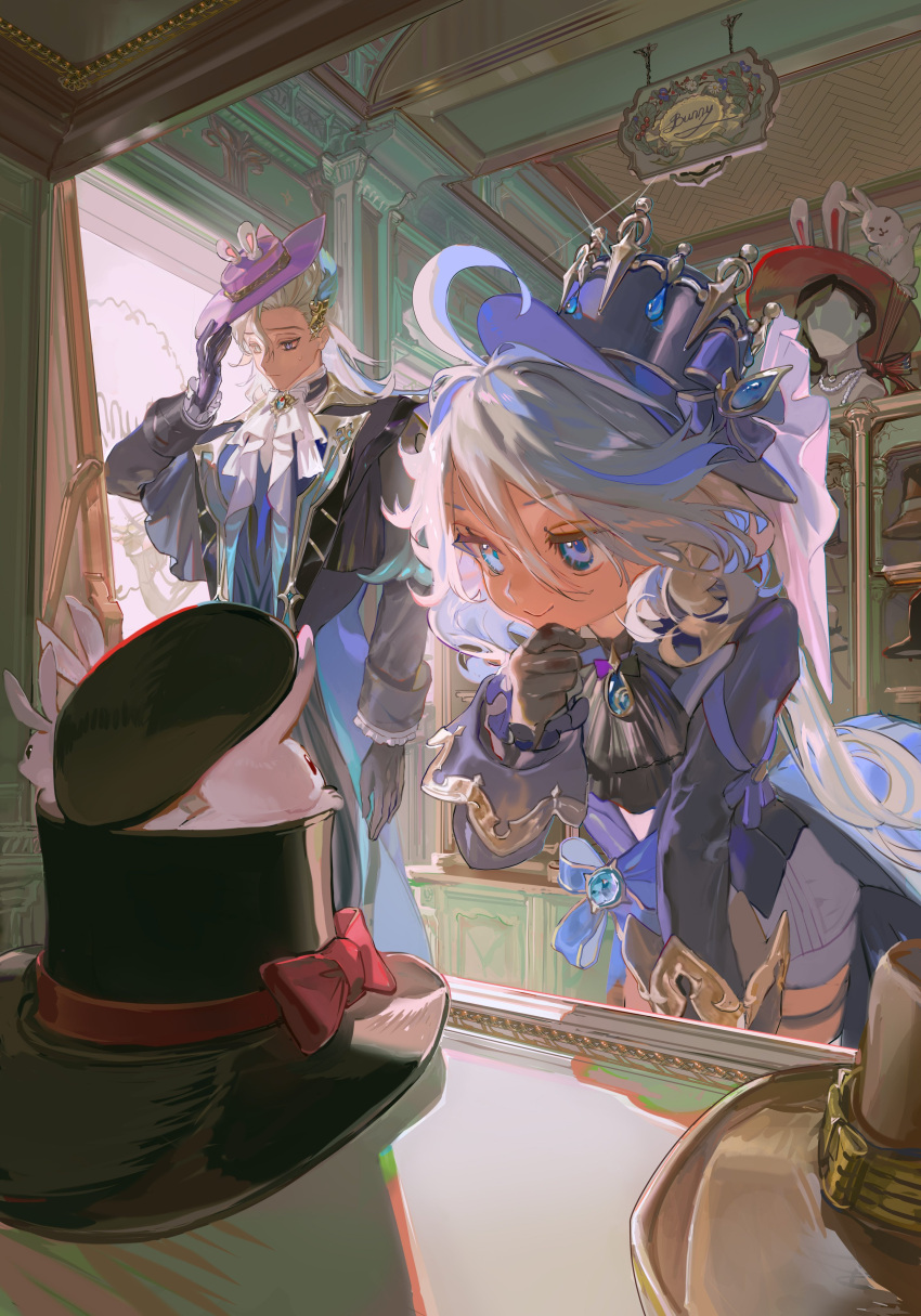 1boy 1girl absurdres ahoge ascot black_ascot black_gloves blue_coat blue_eyes blue_gemstone blue_hair blue_headwear blue_jacket brooch coat cowlick furina_(genshin_impact) gem genshin_impact gloves hair_ornament hat highres indoors jacket jewelry leaning_forward light_blue_hair neuvillette_(genshin_impact) rabbit smile taro-k top_hat vision_(genshin_impact) white_ascot white_hair