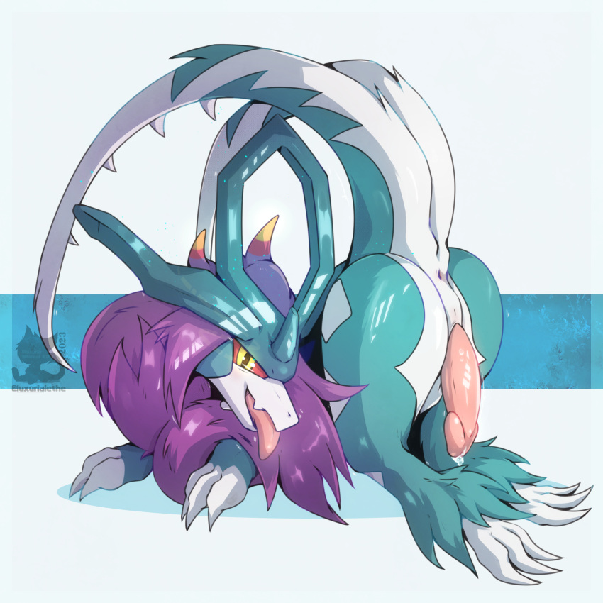 2023 2_tails abstract_background absurd_res ancient_pokemon animal_genitalia anus blue_body blue_fur bodily_fluids butt claws erection feral finger_claws fur genital_fluids genital_slit genitals hi_res looking_at_viewer luxuria male multi_tail nintendo open_mouth paradox_pokemon penis pokemon pokemon_(species) precum presenting presenting_anus presenting_hindquarters presenting_penis purple_body purple_fur raised_tail red_sclera shaded slit snout solo tail toe_claws tongue tongue_out walking_wake watermark white_body white_fur yellow_eyes