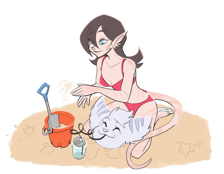 2023 anthro beverage bikini blue_eyes breasts brown_hair bucket buried buried_in_sand clothing collarbone container drinking duo eyebrow_through_hair eyebrows eyelashes eyes_closed female flip_flops footwear fur hair hi_res humanoid humanoid_pointy_ears kneeling lombax long_hair mammal markazian prismaticdragee ratchet_and_clank red_bikini red_clothing red_swimwear rivet_(ratchet_and_clank) sand sandals shovel smile sony_corporation sony_interactive_entertainment straw striped_body striped_fur stripes swimwear talwyn_apogee tools translucent translucent_hair