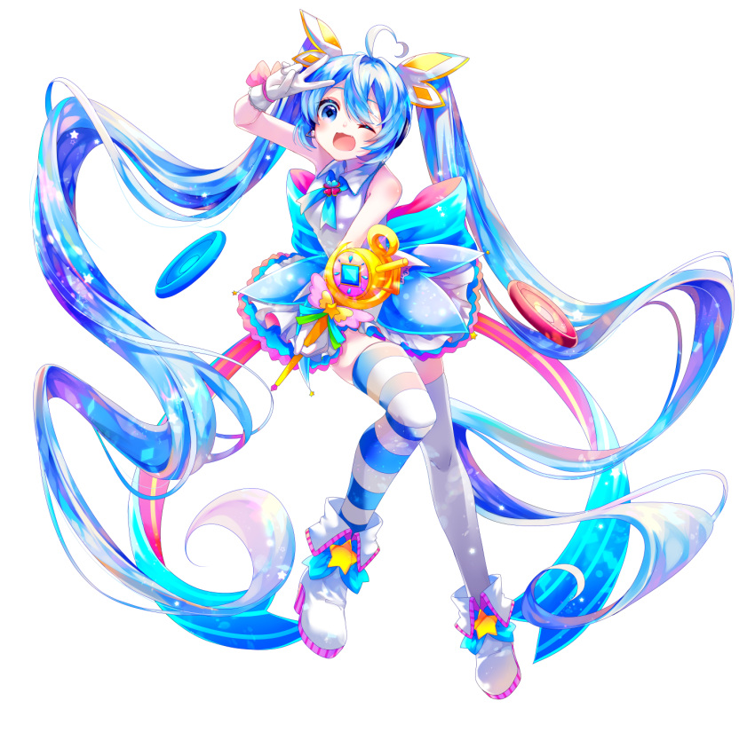 1girl ;d absurdly_long_hair ahoge asymmetrical_legwear blue_eyes blue_hair diamond-shaped_pupils diamond_(shape) fang gloves hatsune_miku heart heart_ahoge highres long_hair looking_at_viewer one_eye_closed open_mouth shirayuki_towa smile solo striped striped_thighhighs symbol-shaped_pupils thighhighs twintails v very_long_hair vocaloid white_footwear white_gloves white_thighhighs