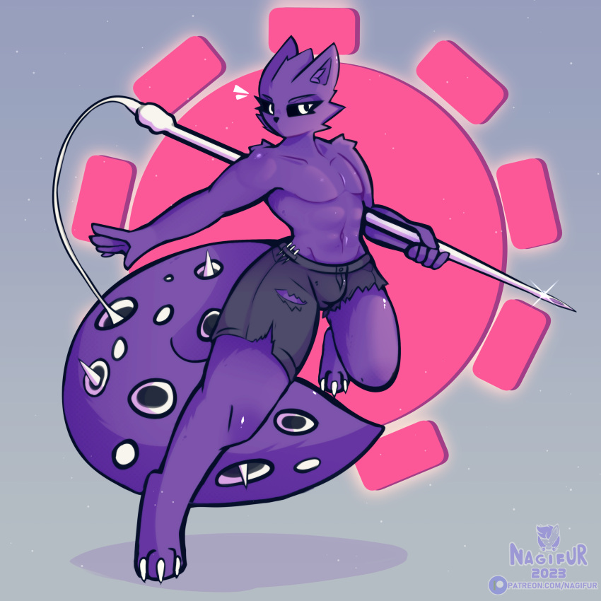 1:1 absurd_res anthro belly biped bulge clothed clothing digital_media_(artwork) edgy fur girly hair hi_res looking_at_viewer male melee_weapon nagifur narrowed_eyes polearm pose purple_body purple_fur rain_world simple_background slugcat_(rain_world) smug solo spear spearmaster_(rain_world) warrior weapon